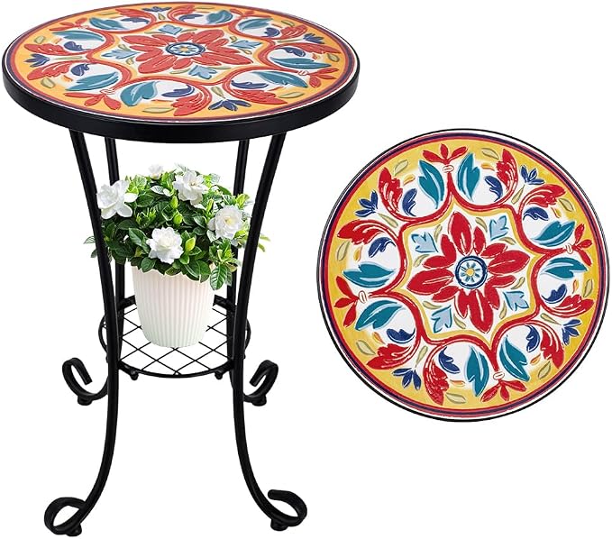 14 Inch Mosaic Patio Side Table with Scroll Legs, Indoor Outdoor Accent Round End Table with Ceramic Tile Tops for Yard, Garden, Living Room, Bistro, B - Mediterranean Floral Pattern