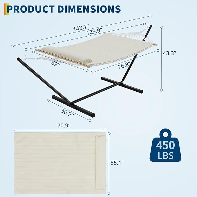 Double Hammock with Foldable Stand, 2 Person Hammock with Quilted Polyester Pad, Heavy Duty Portable Hammocks with Carrying Bag for Outdoor, Patio, Backyard, Poolside, 450 lbs Capacity, Beige