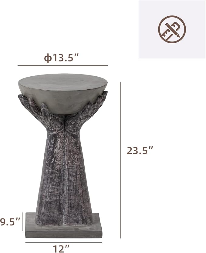 HOMPUS Outdoor End Table, Modern Concrete Side Table 24" H, Round Accent Coffee Table w Two Hands Base, Unique Home Décor for Living Room, Backyard, Balcony or Outdoor