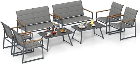 HAPPYGRILL 4-Piece Patio Furniture Set, Modern Sectional Sofa Set w/Fabric Seats, Wood-Plastic Armrests, Tempered Glass Coffee Table, Outdoor Conversation Set for Backyard Balcony Garden Porch (2)