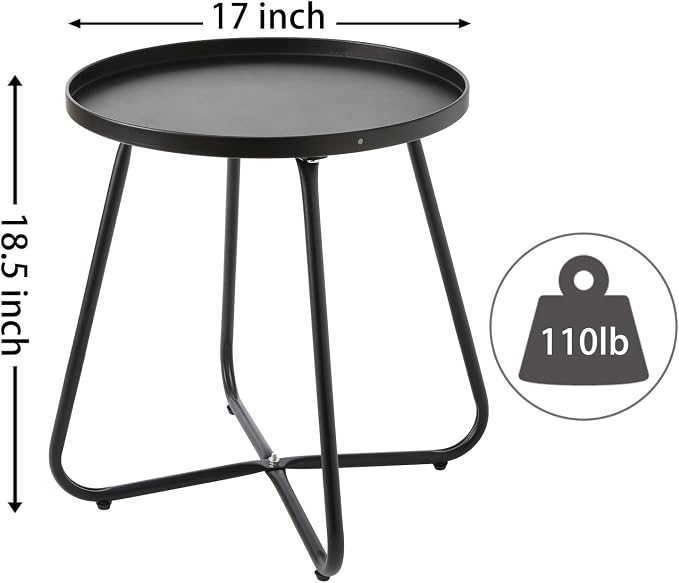 LITA Outdoor Side Table Metal Steel Weather Resistant Round End Table for Patio Balcony Living Room, Small Lightweight Weatherproof Accent Table,Black,Modern