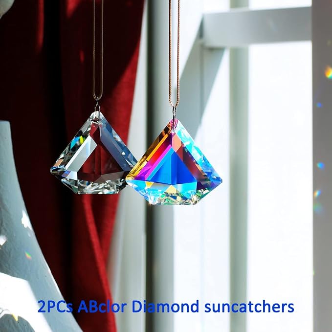 2PCS Diamond Crystal Suncatcher Prisms for Windows(Diamond ABColor) | AB Color, Transparent, K9 Glass, Rainbow Maker, with Hooks & Cord
