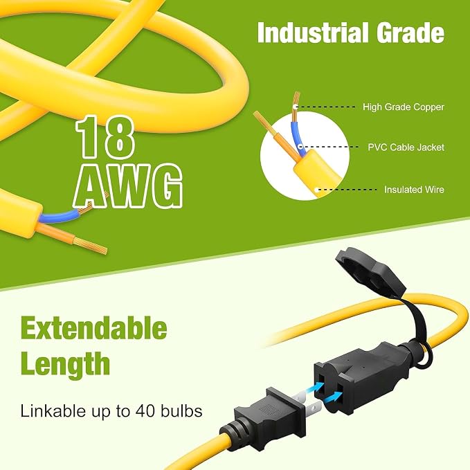 100FT LED Construction String Lights 130W 16000LM Industrial String Work Lights, 2Prong,IP65 Waterproof 18AWG Wire 5000K Super Bright for Construction Sites Temporary Work Jobsites Outdoor Lighting