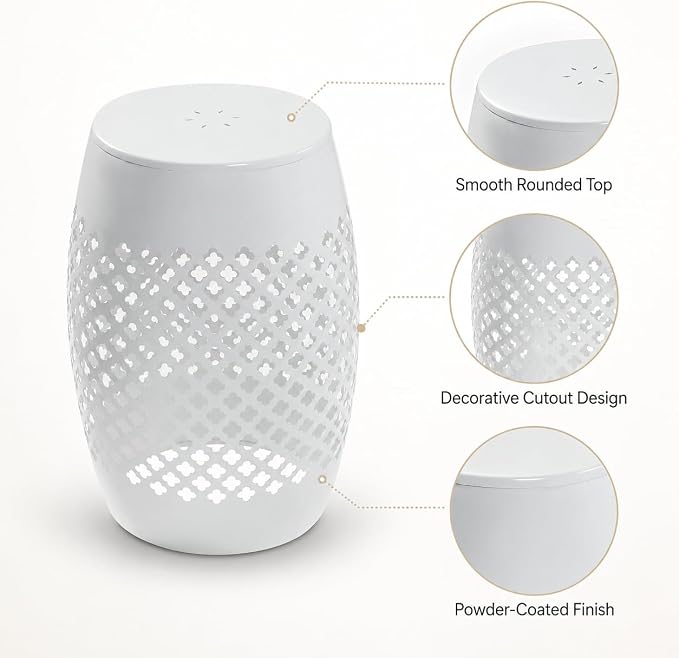 12" Outdoor Side Table, Decorative Cutout Metal Round Side Table, Multi Functional - Coffee Table, Night Stand, Plant Stand for Patio, Garden, Backyard, Gazebo Indoor (White)