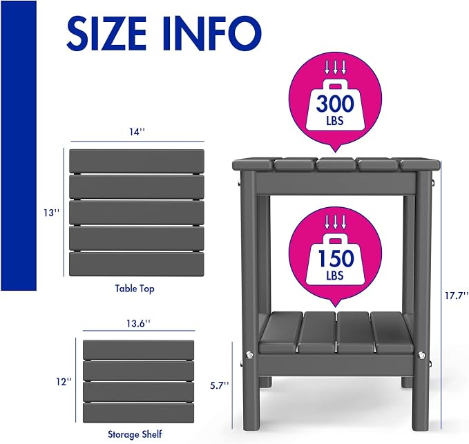 BRIOPAWS Outdoor-Side-Tables | Set of 4 | Small | HDPE Plastic | Patio End-Table | 2-Shelf Adirondack Outside Tables | All Weather | for Poolside Front Porch Indoor Living Room | 14" x 13" | Grey