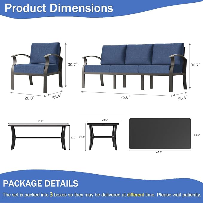Aluminum Outdoor Patio Furniture Set,5 Seats Patio Conversation Sets with Rectangular Coffee Table,Metal Patio Sectional Furniture Set with 5.1" Thickened Cushions,Navy Blue