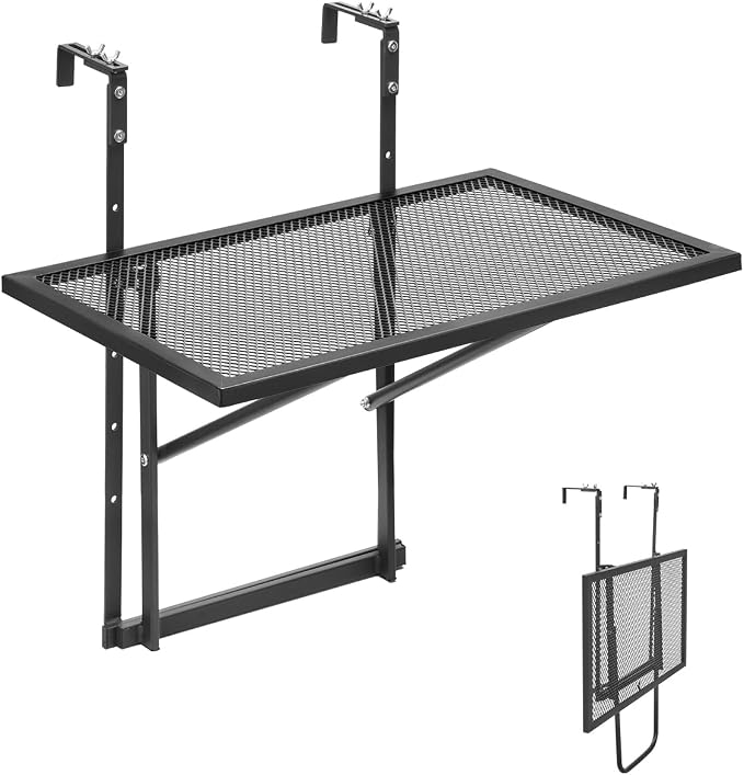 VEVOR Balcony Hanging Table, 24 x 16 inch Metal Folding Balcony Railing Table, 5-Level Adjustable, Fit Railing from 1" to 4.7", Serving for Outdoor Bar, Patio & Deck