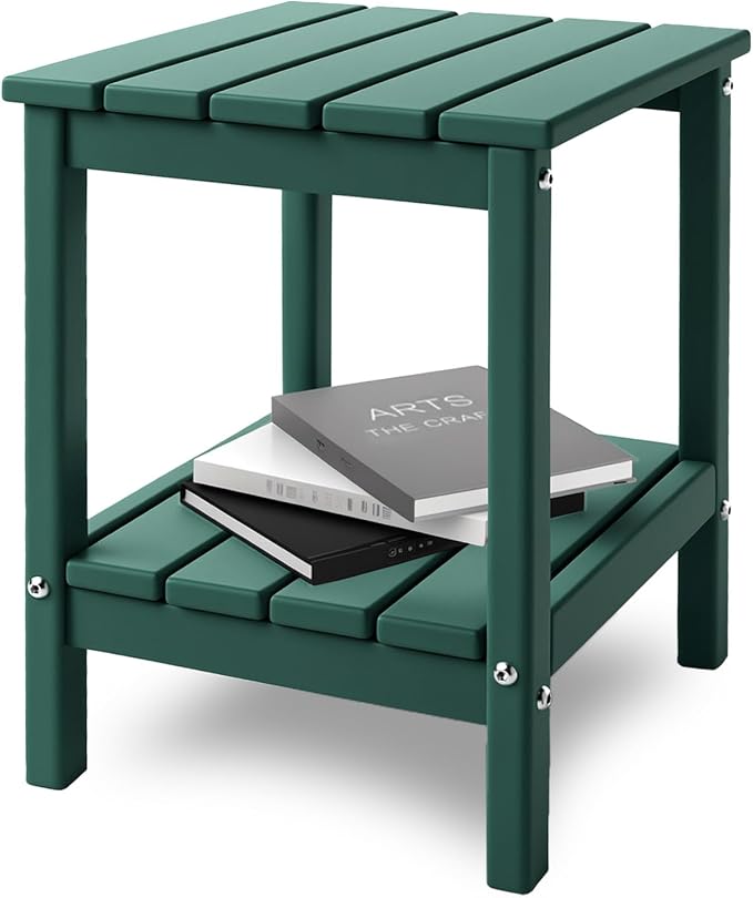 IVY&LANE Adirondack Outdoor Side Table | HDPE Plastic | Patio End Tables with Storage | 2-Shelf | Weather Resistant | Forest Green | 14 x 13 Inches | for Outside Porch Deck Backyard Indoor