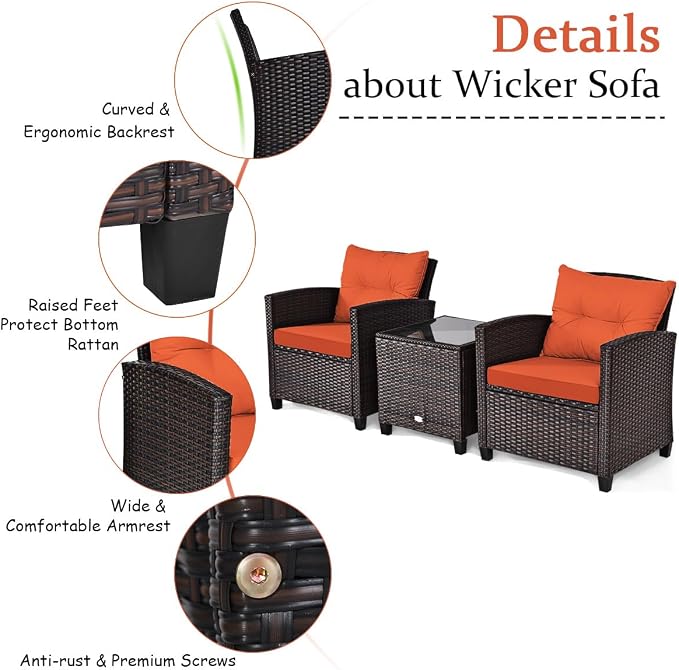 RELAX4LIFE 3 Piece Patio Furniture Set, Wicker Bistro Conversation Set w/2 Cushioned Armchairs & Glass Topped Table, Outdoor Rattan Sofa Set Patio Furniture for Porch Balcony Poolside (Orange)