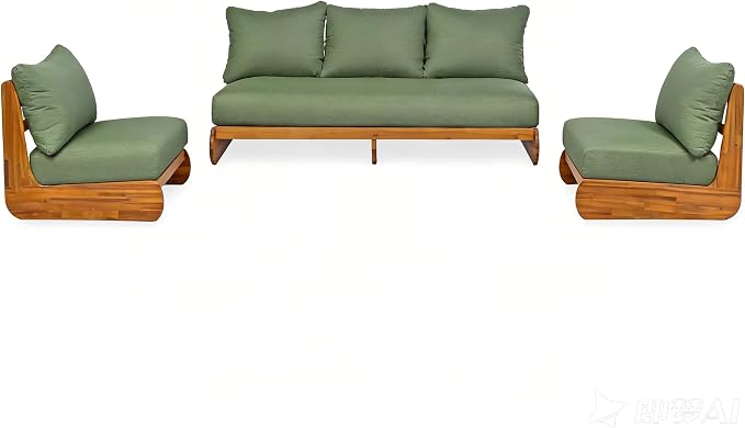 Christopher Knight Home Isabel 5-Seater Outdoor Patio Furniture Set with Removable Cushion, Acacia Wood Patio Conversation Set with 3-Seater Sofa & Club Chairs, 3 Piece Sectional Sofa Set, Green+Teak