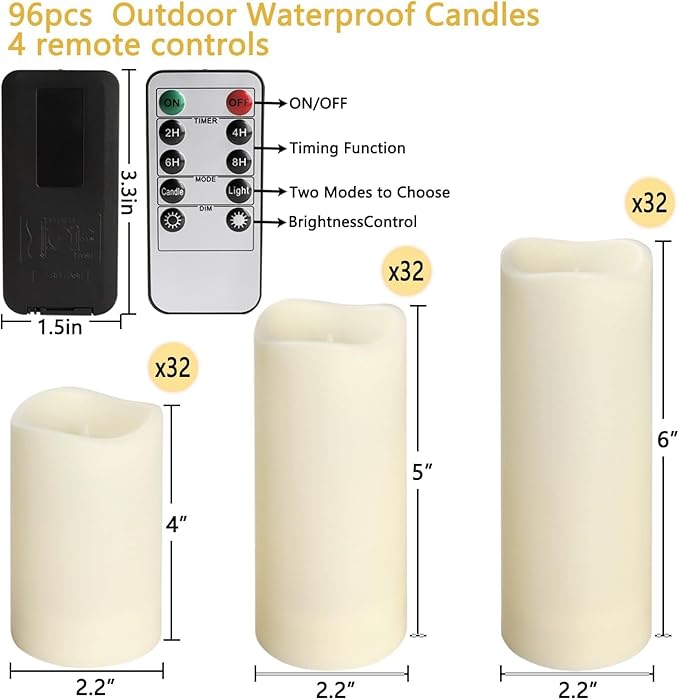 YOROXRG Set of 96 Waterproof Outdoor Flameless Candles, LED Candles with 4 Remote and Timer,(H 4" 5" 6" x D 2.2"),for Halloween Wedding Festival