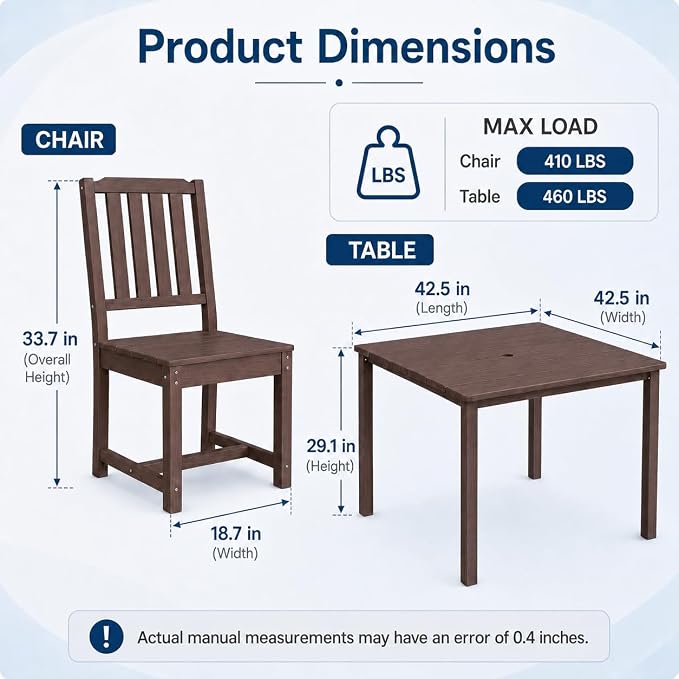 HDPE Outdoor Dining Set for 4, Square Table & Chairs Set | • All-Weather Polywood Composite • 410 lbs Heavy-Duty Support • Built-In 2" Umbrella Hole • Easy Soap-Water Wash