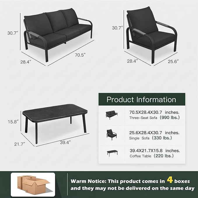 4-Piece Aluminum Patio Furniture Set, Outdoor Conversation Set with Loveseat, Chairs & Coffee Table, Deep Seating Cushions, All-Weather Metal Patio Furniture for Backyard, Balcony, Gray