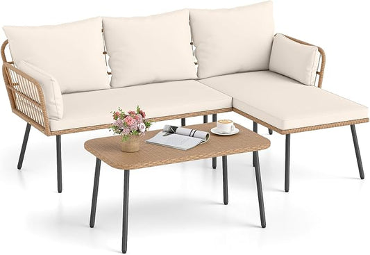 Tangkula 3 Pieces L-Shaped Patio Furniture Set, Outdoor Sectional Cushioned Sofa with Coffee Table, Removable Cushions, Boho Rattan Outdoor Conversation Set for Backyard Porch Balcony (White)