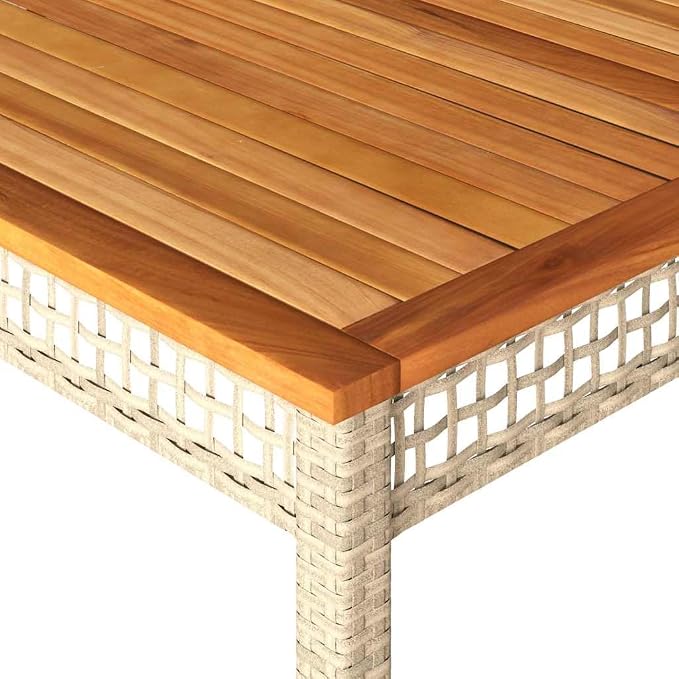 Beige Patio Table 70.9"x35.4"x29.5" with Acacia Wood Top and Poly Rattan Base for Garden, Backyard