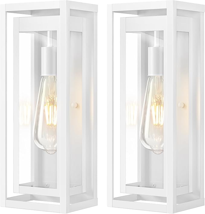 15" Large Outdoor Wall Lights, 2 Pack White Outdoor Light Fixtures, Modern Waterproof Exterior Lighting Sconces with Clear Glass Shade for Front Door, Porch, Garage