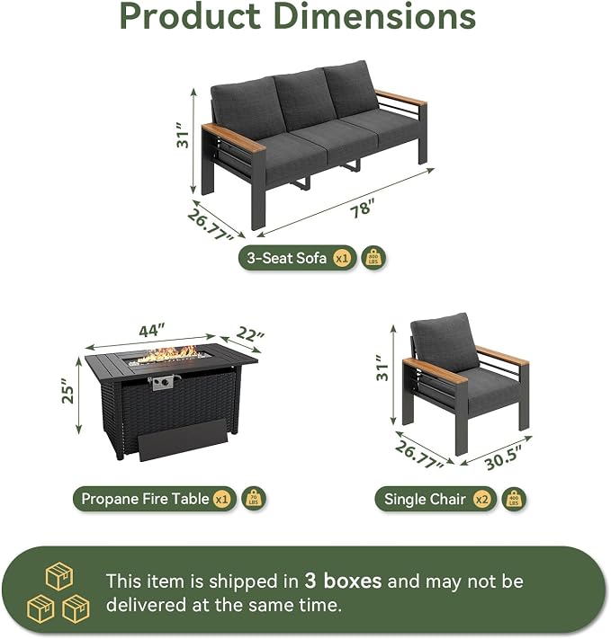Aoxun Patio Furniture Set, Aluminum Patio Set with Fire Pit Table and 5" Thicken & Washable Cushion, Waterproof Outdoor Furniture, Outdoor Couch Sectional for Backyard (5 Seats/F, Dark Grey)
