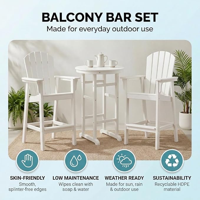 3-Piece White Counter Height Bar Dining Set with 1.96-inch Center Hole, 42.1" HDPE Indoor/Outdoor Round Bar Table with 2 Bar Stools, All-Weather Patio Bistro Set for Deck, Balcony, Poolside & Coastal