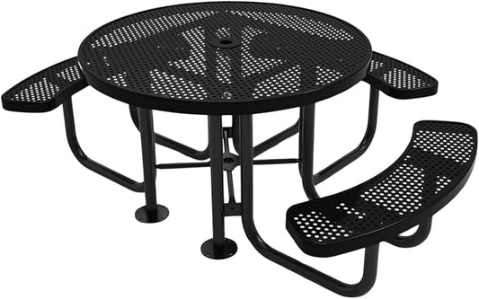 COATEDOUTDOORFURNITURE Heavy-Duty Portable Outdoor Picnic Table with Umbrella Hole, Punched Steel Patio Dining Furniture Made in America (46" Round Top, Textured Black)