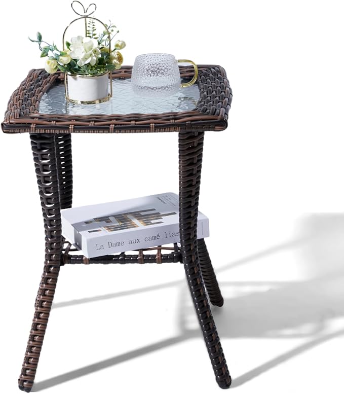 Outvita Rattan Outdoor Side Table with Glass Top & Storage Shelf | Small patio end coffee table, versatile furniture for porch, backyard, balcony and indoor living room