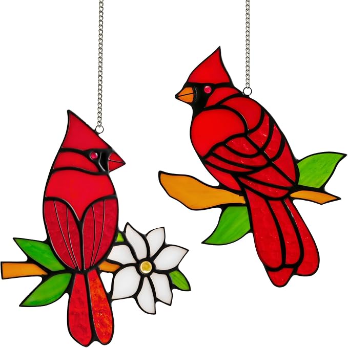 2 Pcs Cardinal Stained Glass Window Hanging Suncatchers, Sympathy Gifts for Loss of Loved One, Unique Nana Grandma Memorial Gift, Bird Decor & Christmas Ornament (6 Inch)