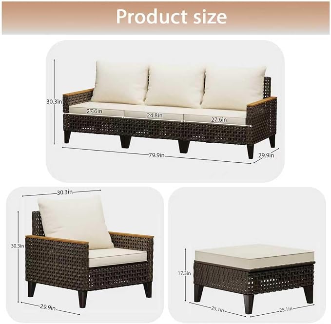 14 Piece Patio Sectional Sofa Furniture Set, All-Weather Wicker Rattan Outdoor Conversation Set with High Back and Thick Cushions, for Garden, Porch, Poolside, Beige