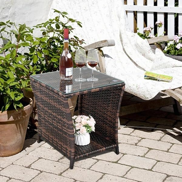 Generic Outdoor Patio Wicker Side Table, End Table with Glass Top Rattan Storage for Patio Courtyard Balcony - Brown, 18.1 x 18.1 x 19.5 inches