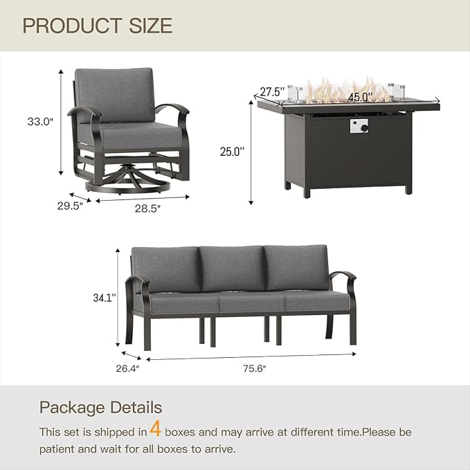 Aluminum Patio Furniture Set with 55,000 BTU Propane Fire Pit Table,5 Seats Metal Modern Outdoor Furniture w/5.1" Cushions,Patio Sectional w/Swivel Chairs for Backyard,Patio,Grey