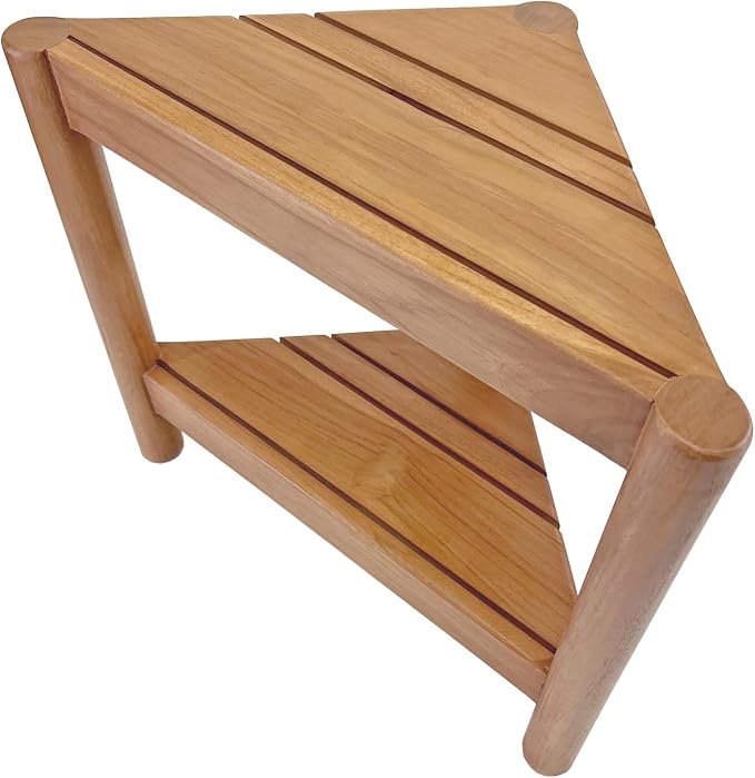 Asta Select Solid Teak Corner Shower Stool, Poratble Teak Wood Spa/Shower/Indoor/Outdoor Stool with Storage Shelf, Teak Wood Shower Corner Table, Teak Accent Table, Fully Assembled, ST-51