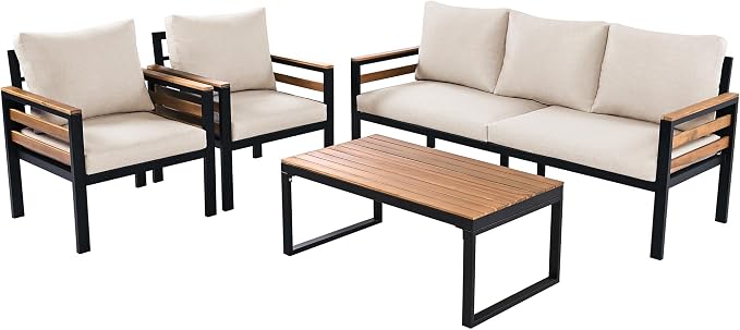 4-Piece Outdoor Furniture Sofa Set for 5 People with Acacia Wood Armrests, Patio Conversation Set with Removable Cushion and Solid Wood Coffee Table for Garden (Beige#46)