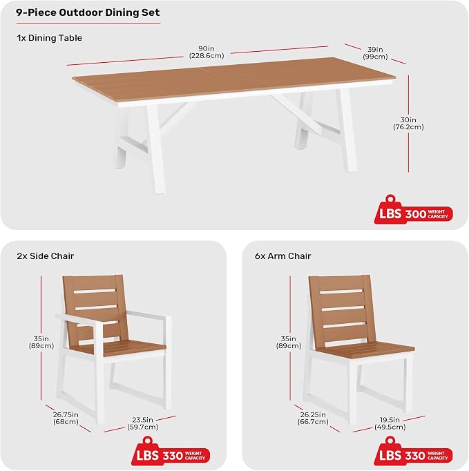 Costaelm Stinson 9-Piece Outdoor HDPE Patio Dining Table Set with Umbrella Hole & Dining Chairs for 8, Teak