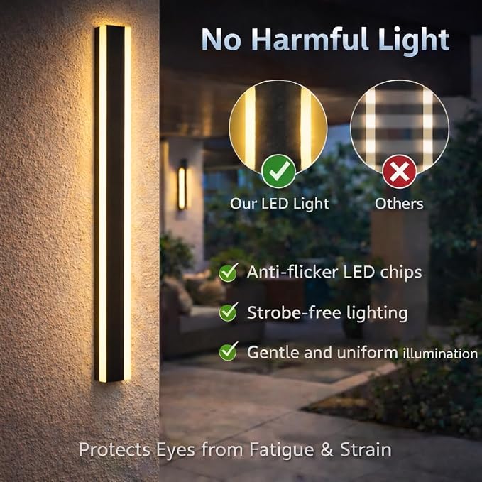 Modern Linear Outdoor Wall Lights, 47" LED Exterior Wall Sconce for Porch & Garage, IP65 Waterproof Architectural Facade Lighting, 3CCT Dimmable Matte Black Fixture for Front Door Entryway
