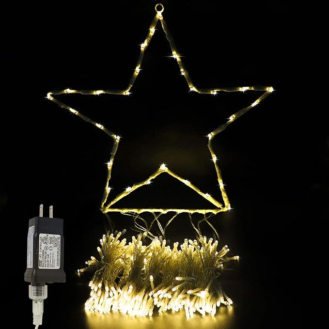 Christmas Decorations, Outdoor Christmas Lights, 320 LED Outdoor Christmas Tree String Lights with 12" Star Toppers [8 Modes& Waterproof] for Xmas New Year Holiday Decor (Iron Warm)