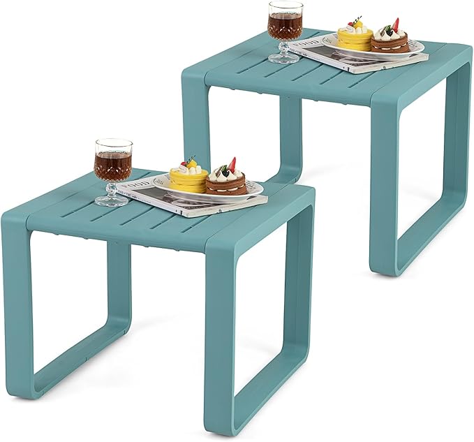 Tangkula Outdoor Side Table Set of 2, 18” Weather Resistant Adirondack Table, Patio End Table, Small Coffee Bistro Table, Indoor & Outdoor Chair Side Table for Porch, Deck, Garden, Yard (Blue)