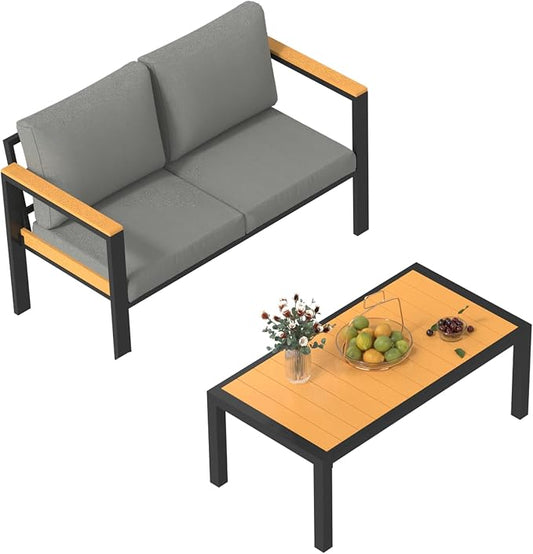 HOMREST Aluminum Outdoor Furniture Set with Coffee Table, Metal Oversized Patio Sofa with Washable Cushions, Patio Conversation Set with Special Anti-Heat Armrest, Gray