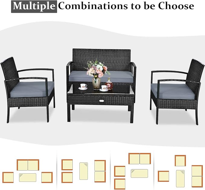 Tangkula 4-PCS Wicker Patio Conversation Furniture Set, Outdoor Rattan Chair and Table Set, Patio Furniture Sets with Coffee Table & Washable Cushions for Courtyard Balcony Garden (1, Black)