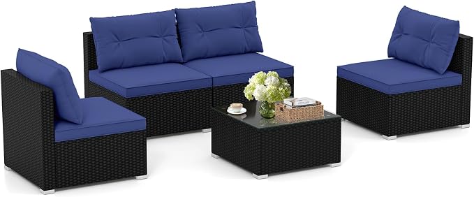 Tangkula 5 Piece Rattan Sofa Set, Outdoor Wicker Furniture Set w/Seat & Back Cushions, Square Coffee Table, Patio Sectional Sofa Set for Backyard, Poolside, Garden (Navy)