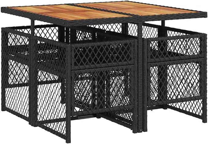 5-Piece Garden Dining Set Black Cream White Outdoor Patio Furniture with UV-Protected Poly Rattan and Acacia Wood Table, 4 Foldable Chairs with Removable Cushions for Balcony Backyard Entertaining
