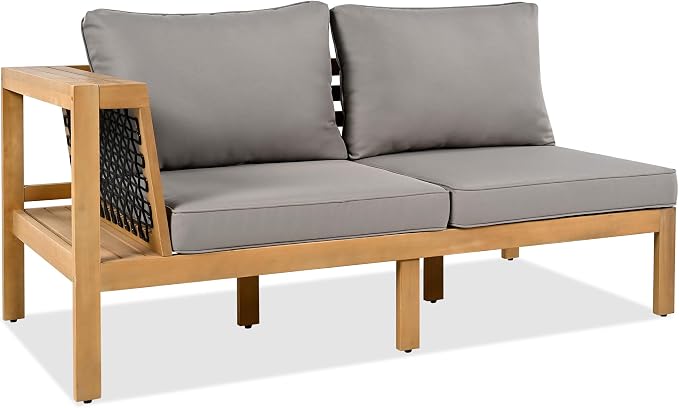 VilroCaz Acacia Wood Patio Sectional Sofa Set, All-Weather Outdoor Conversation Set with Coffee Table and Woven Mesh Armrests, Corner Design Patio Set with Cushions and Side Table (Gray Cushions)
