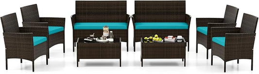 4 Piece Patio Furniture Set, Sectional Conversation Sofa Set with Glass Coffee Table, Cushions & Loveseat, Wicker Outdoor Table and Chairs for Pool, Garden, Deck, Backyard (2, Turquoise)