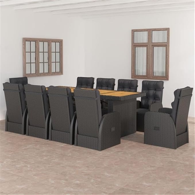 Afuera Living 11-Piece Outdoor Dining Set, Poly Rattan and Acacia Wood, Black/Acacia Natural Finish, Includes Table, Reclining Chairs, Cushions, UV-Resistant, Modern Patio Furniture for Garden or