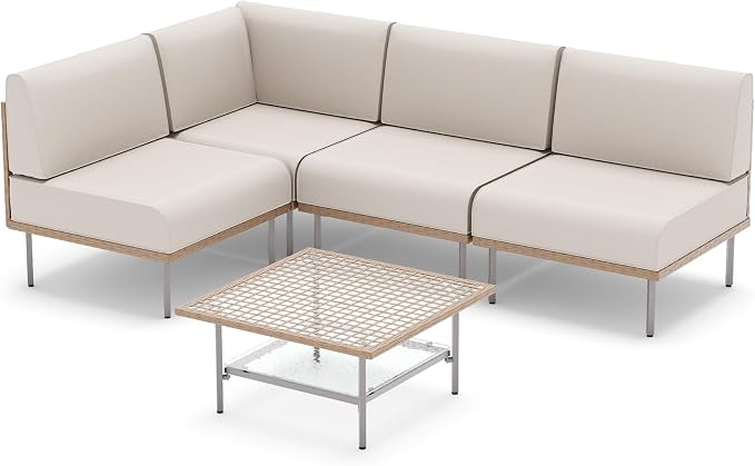 LAUSAINT HOME 5-Piece Outdoor Patio Furniture Set, Wicker Outdoor Conversation Set PE Rattan Sectional Sofa with Washable Cushions and Tempered Glass Table for Garden (Beige)