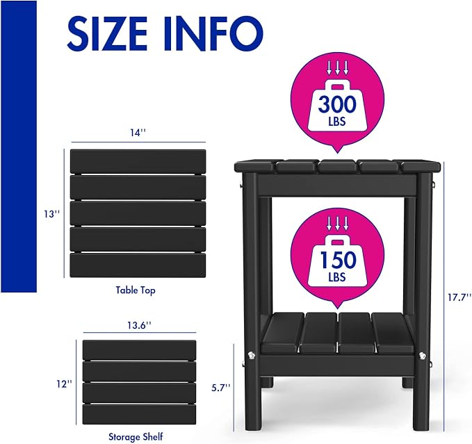 BRIOPAWS Outdoor-Side-Tables | Set of 2 | Small | HDPE Plastic | Patio End-Table | 2-Shelf Adirondack Outside Tables | All Weather | for Poolside Front Porch Indoor Living Room | 14" x 13" | Black