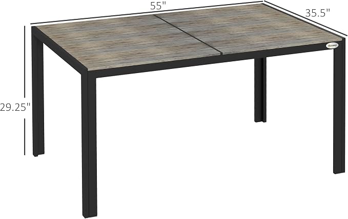 Outsunny Outdoor Dining Table for 6 People, Aluminum Rectangular Patio Table with Faux Wood Tabletop for Backyard, Lawn, Balcony, Poolside, 55" x 35.5", Gray