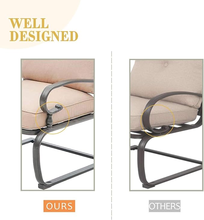 Outdoor 3 Pcs Patio Bistro Spring Set Motion Metal Lounge Chairs and Round Table, Frame Conversation Set with Washable Cushions, Brown