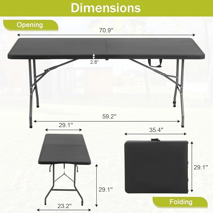 Portable Folding Table 6ft Heavy Duty Plastic Foldable Table with Carrying Handle Outdoor Indoor Plastic Dining Table for Camping and Party Picnic, Black