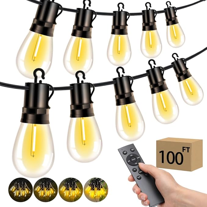 Outdoor Patio String Lights: S14 Shatterproof Bulb Outside Waterproof Light - 100FT 30M Remote Dimmable Connectable Hanging Outdoor Electric Lighting - Garden Backyard Yard Gazebo Porch Party