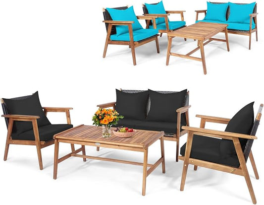 COSTWAY 4 Pieces Acacia Wood Patio Conversation Set, Outdoor Wicker Sofa with Coffee Table & Cushions, Patio Rattan Furniture Set for Yard, Porch, Poolside, Balcony, Backyard, Black & Turquoise