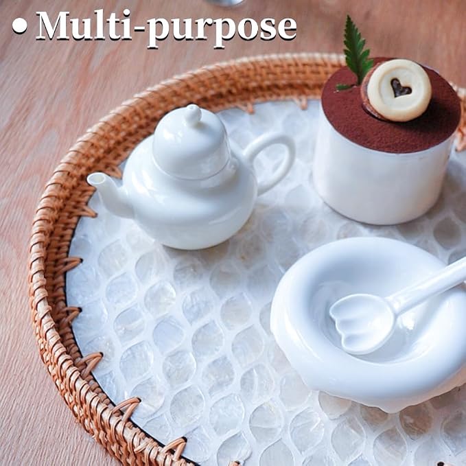 Small Rattan Side Table/Round Coffee Table for Small Spaces, Mini Modern Coffee Table with Shell Design Tray, Outdoor End Tables for Patio, Boho Nightstand for Bedroom or Living Room