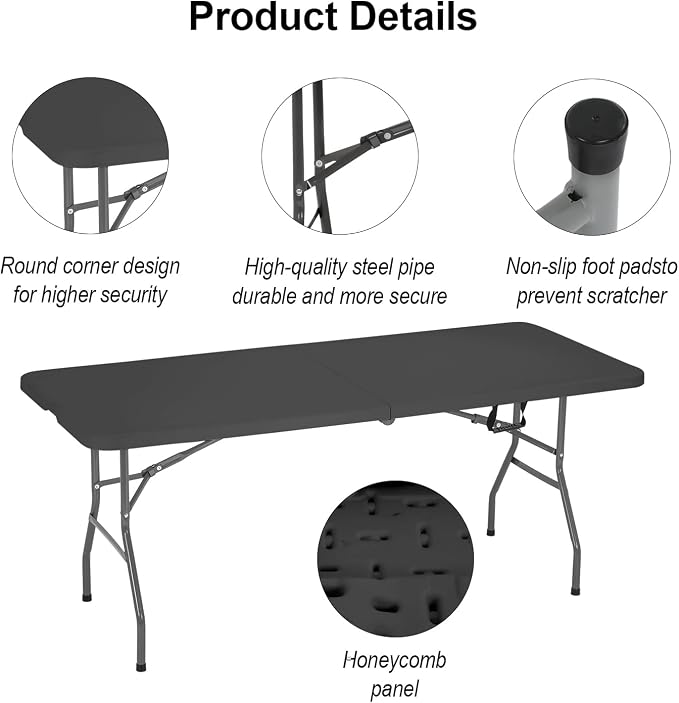 Folding Table 6FT Portable Plastic Camping Table Foldable Table Light Weight Plastic Dining Table Indoor Outdoor for Camping, Picnic BBQ Kitchen Wedding and Party,（Black） 71''L x 29 ''Wx 29''H